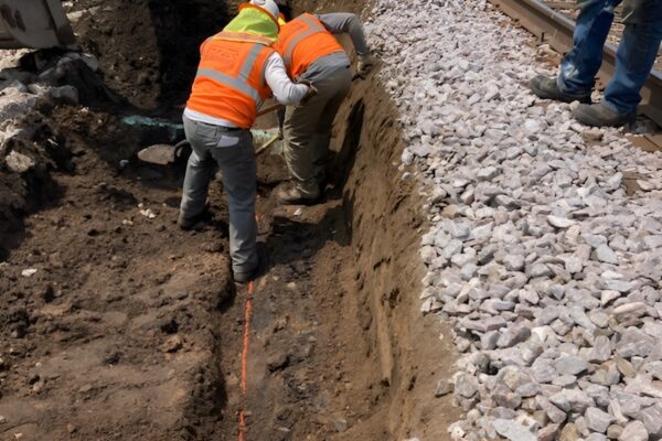 Two construction workers dig a trench beside railroad tracks.