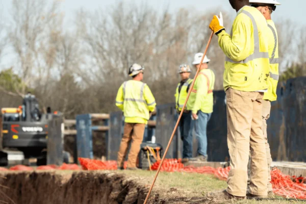 Construction workers in safety gear stand by trench and equipment.